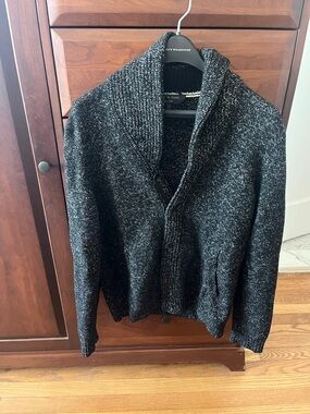rag & bone men's black shawl collar cardigan sweater, marled wool blend size L